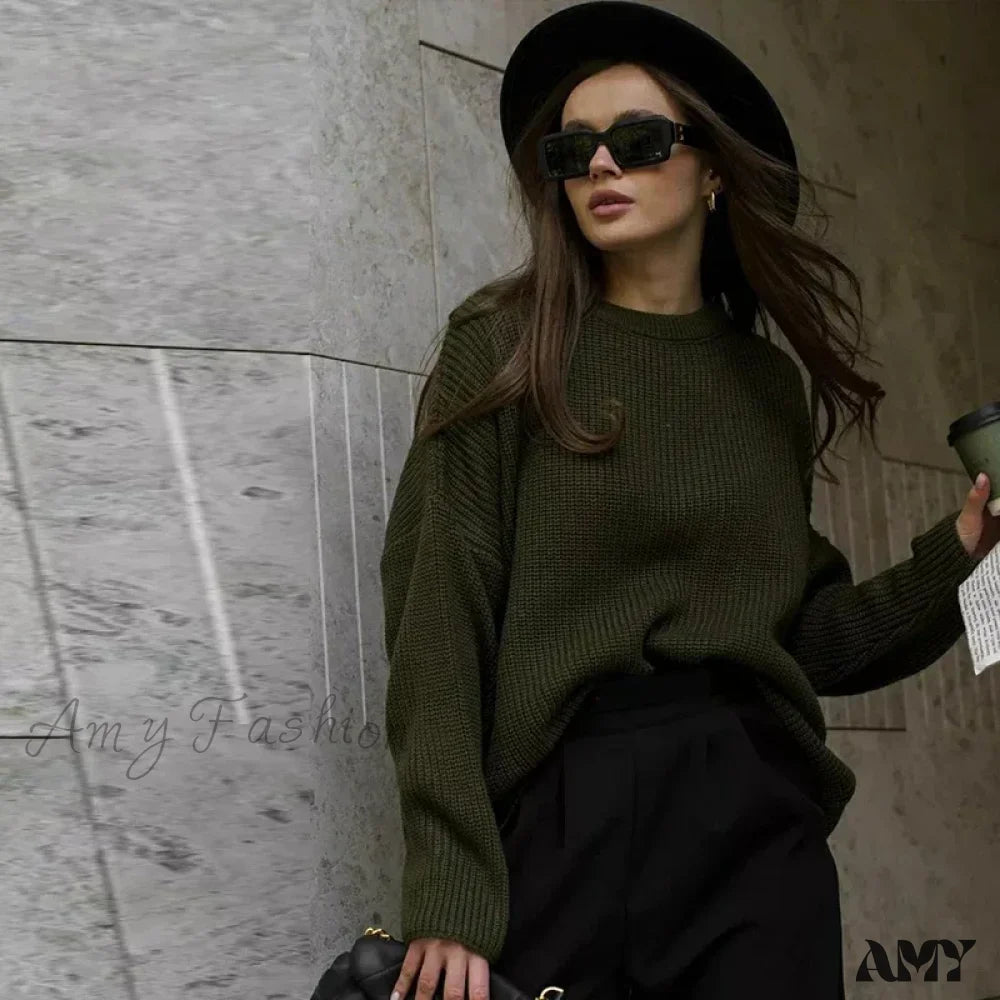 Casual Knitted Women Solid V-Neck Long Sleeve Pullover Sweater Armygreen / S