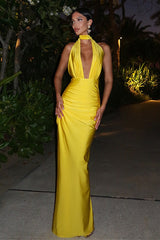 Sexy Maxi-Partykleid mit V-Ausschnitt, Neckholder, rückenfreiem Design und Schlitz