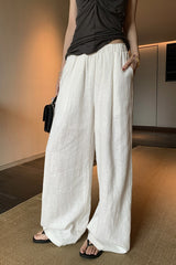 White Linen Blend Wide Leg Casual Pants