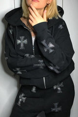 Lockerer Hoodie mit Strasskreuzen und Reißverschluss