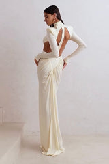 Langärmeliges, gerafftes, farblich abgesetztes, tailliertes Partykleid mit Cut-out