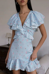 Ruffled V Neck Long Fitted Floral Dress