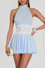 Crochet Waist Pleated Halter Mini Dress