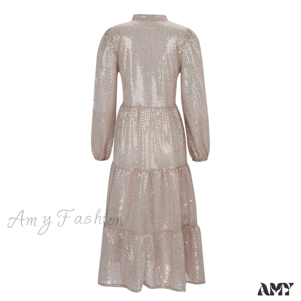 Champagne Sequin Loose V-Neck Long Sleeve Pleated Midi Elegant A-Line Banquet Party Dress
