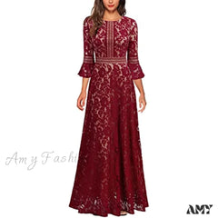 Christmas Vintage Full Lace Contrast Bell Sleeve Formal Long Dress