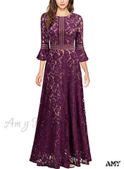 Christmas Vintage Full Lace Contrast Bell Sleeve Formal Long Dress