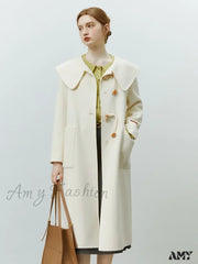 College Style Horn Button Vintage Large Collar Double-Sided Long Pure Woolen Coat White / S
