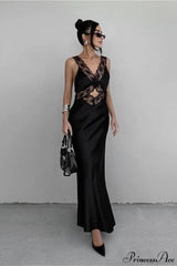 Cutout V Neck Lace Ruffled Mermaid Slim Maxi Dress Black / S