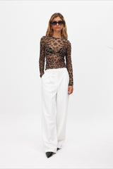 Bluse mit Leopardenmuster und Mesh-Einsatz, schmal geschnitten