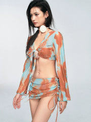 Set aus blau-orangefarbenem Batik-Rock