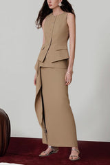 Ruffle Slit Skirt Elegant Two Piece Work Set