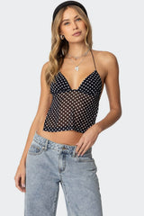 Gepunktete, rückenfreie Neckholder-Bluse, schmal geschnitten