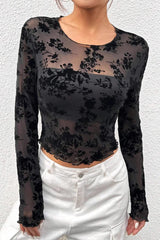 Schwarze, sexy Langarmbluse aus Mesh mit Rundhalsausschnitt