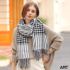 Deqing Silks 2024 New Houndstooth Faux Cashmere Fringe Plaid Winter Warm Stylish Scarf