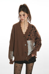 Strickjacke mit Leopardenmuster-Patchwork und V-Ausschnitt