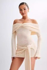 Sheer Spaghetti Strap Off-Shoulder Fitted Knit Maxi Sweater Dress