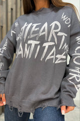 Lockerer, mittellanger Strickpullover mit Graffiti-Buchstabenprint