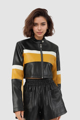 Sexy, kontrastfarbene Stehkragen-Jacke aus PU, schmal geschnitten, kurze Passform
