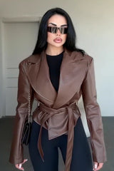 Sexy taillierte Lederjacke mit V-Ausschnitt und Bindegürtel