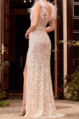 Rotes Pailletten-Feder-Maxikleid mit hohem Bund, einfarbig, für Partys