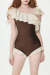 Cute Ruffled Spliced Color Block One Piece Swimwear