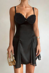 Satin Solid Lace Panel Drape Slip Dress