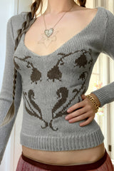 Retro-Pullover mit Herz- und Blumenmuster, lässiger V-Ausschnitt