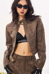 Used-Look-Wildleder-Motorradjacke mit Stehkragen