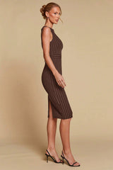 Striped Slit Waist Cinched Sleeveless Work Dress