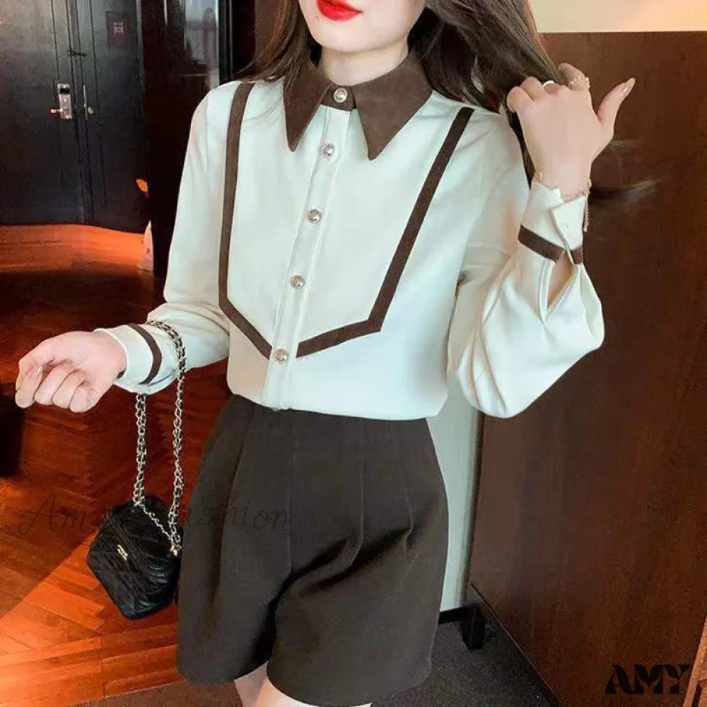 Elegant Corduroy Patchwork Buttons Piping Peaked Spring Fashion Top Blouse