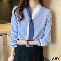 Elegant Scarf Collar Beading Spring Autumn Casual Tops Blouse Blue / S