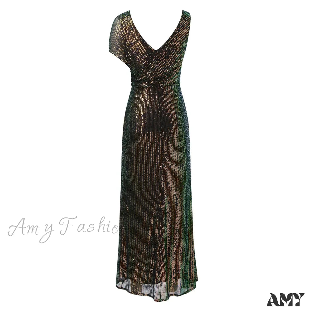 Elegant Sequined One-Shoulder Ruffled Side-Split Draped Evening Prom Maxi Dress