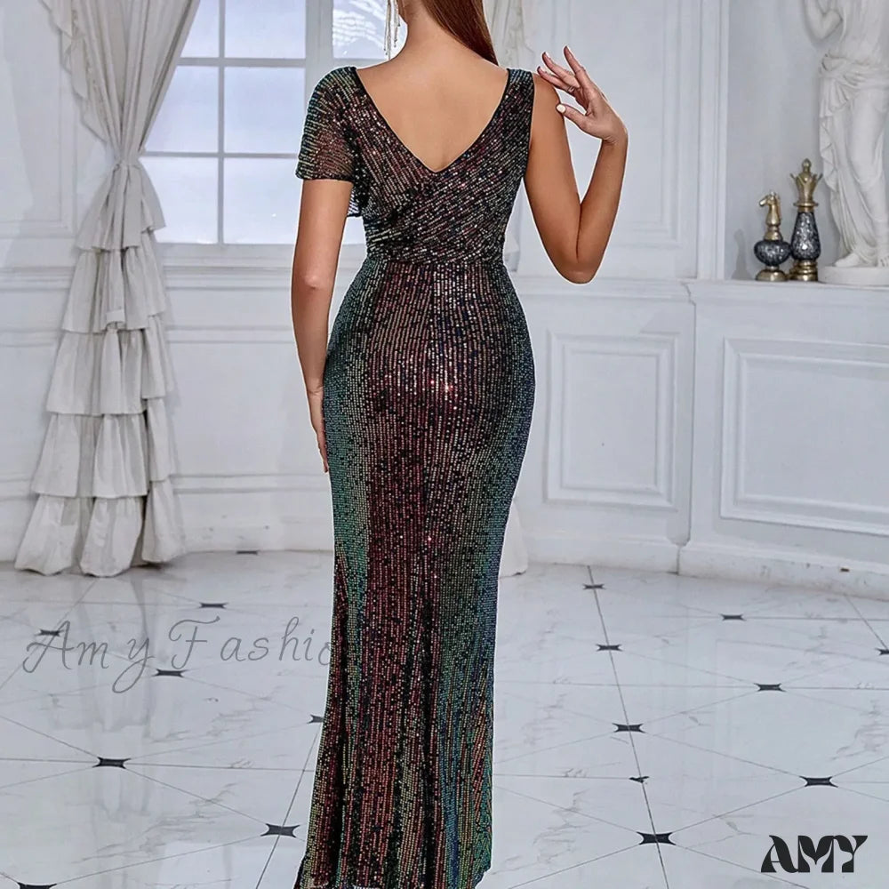 Elegant Sequined One-Shoulder Ruffled Side-Split Draped Evening Prom Maxi Dress