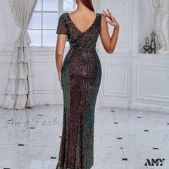 Elegant Sequined One-Shoulder Ruffled Side-Split Draped Evening Prom Maxi Dress