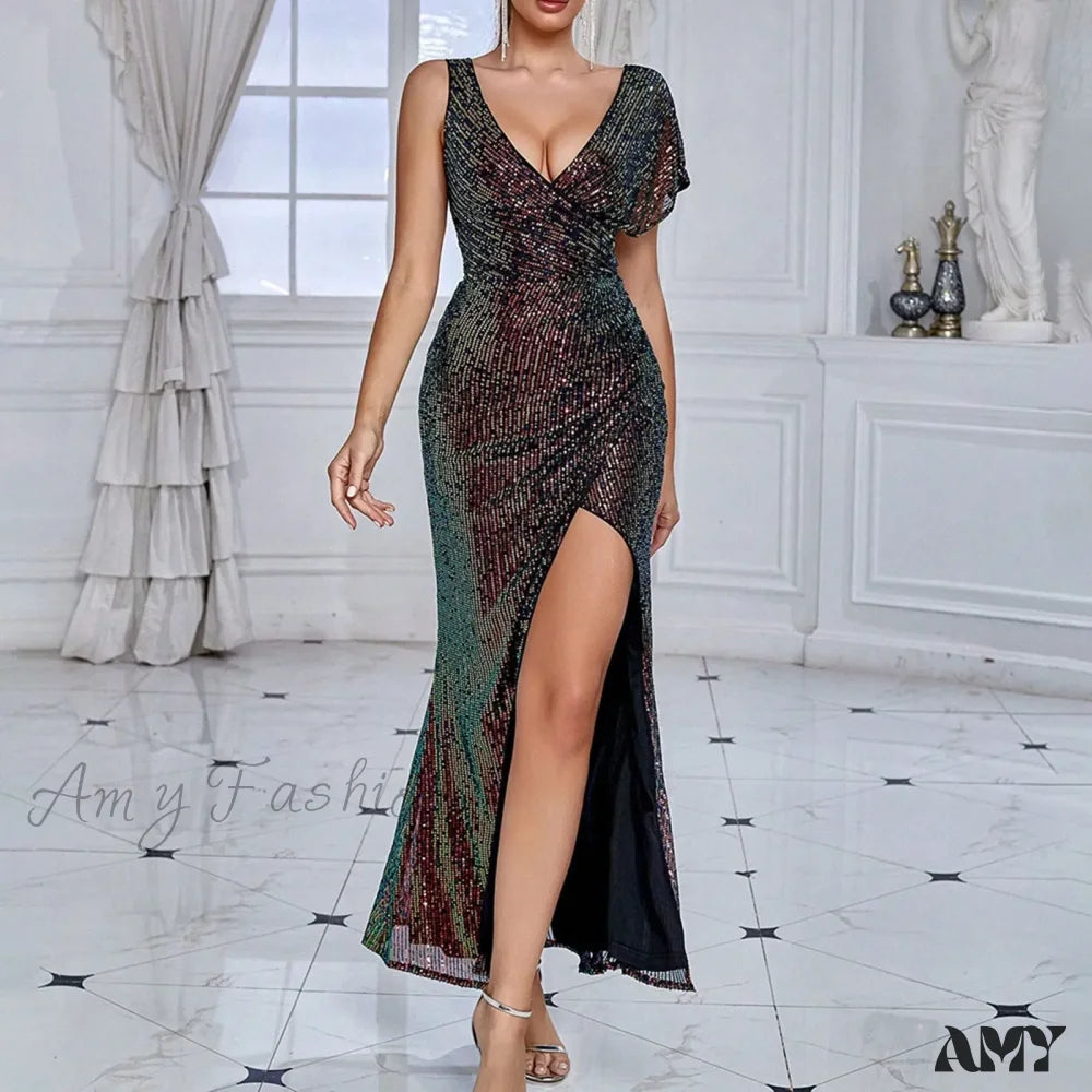Elegant Sequined One-Shoulder Ruffled Side-Split Draped Evening Prom Maxi Dress