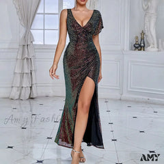 Elegant Sequined One-Shoulder Ruffled Side-Split Draped Evening Prom Maxi Dress