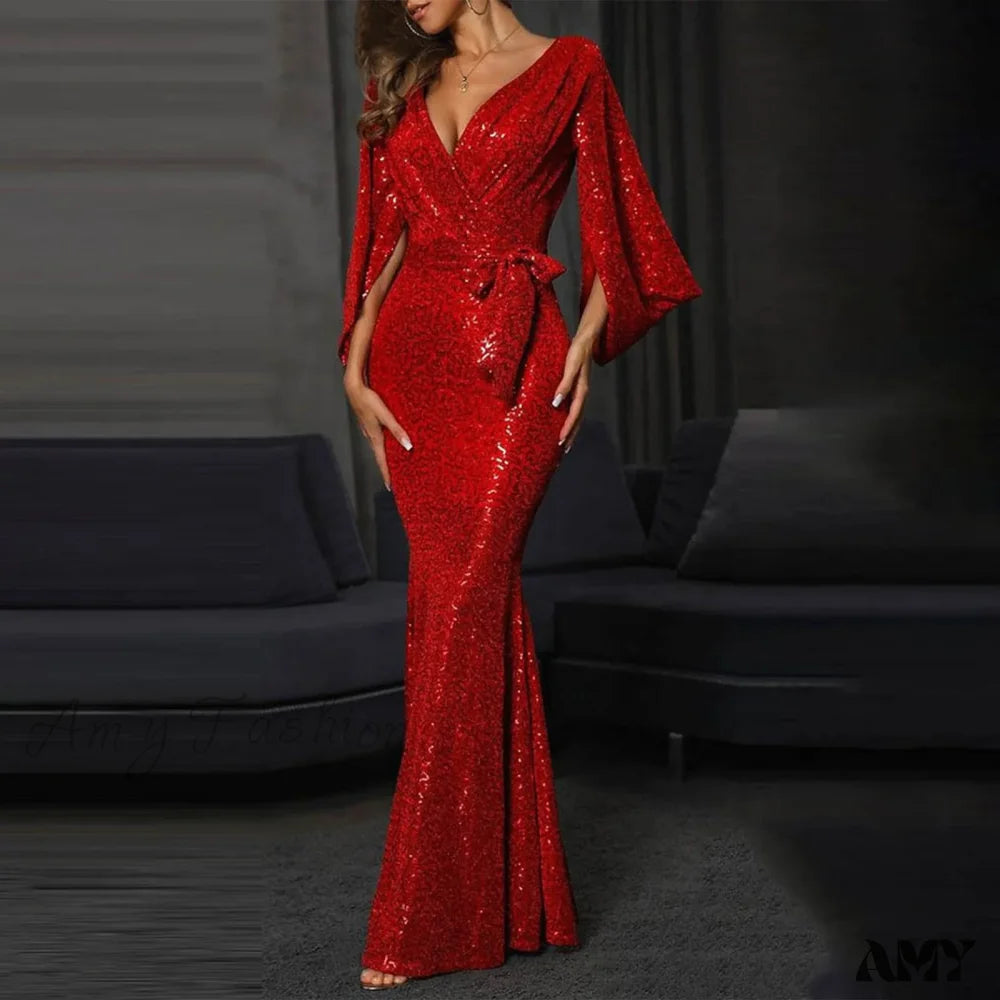 Exquisite Mesh Sequined High-Split Wedding Party Evening Gown Dress Red / S