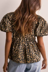 Schmale Bluse mit Leopardenmuster, taillierten Laternenärmeln