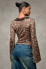 Sexy Bluse mit Leopardenmuster und Spitzeneinsätzen