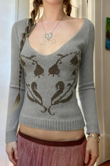 Retro-Pullover mit Herz- und Blumenmuster, lässiger V-Ausschnitt