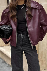 Retro Moto Burgunderfarbene Matte Lederjacke