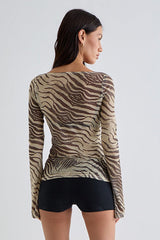 Bluse mit Zebramuster, transparentem Mesh und ausgestellten Ärmeln