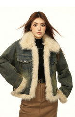 Vintage-Winterjacke aus Denim mit Pelzfutter