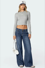 Hüftig geschnittene, gestreifte Vintage-Jeans mit weitem Bein