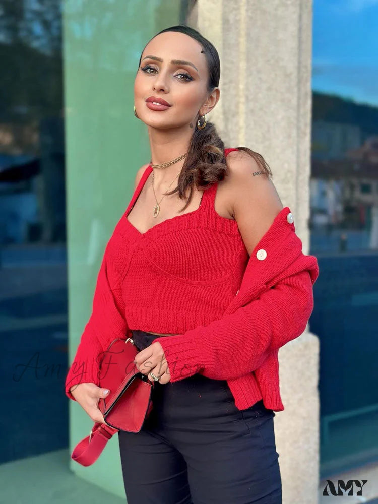 Fashion Texture Sleeveless Backless Sling Crop Top Single-Breasted Pocket Decorate Sweater Cardigan