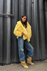 Yellow Faux Fur Open Front Coat