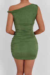 One Shoulder Sleeveless Ruched Mini Slim Bodycon Dress