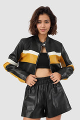 Sexy, kontrastfarbene Stehkragen-Jacke aus PU, schmal geschnitten, kurze Passform