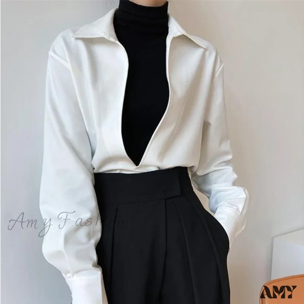 Gidyq Vintage Elegant Loose Fall Solid V-Neck Simple Outerwear Blouse