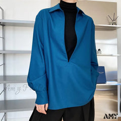 Gidyq Vintage Elegant Loose Fall Solid V-Neck Simple Outerwear Blouse Blue / S